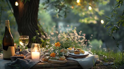 Fototapeta premium Beautiful outdoor picnic setup with wine, candles, and flowers arranged on a rustic table in a serene, forested setting during dusk.