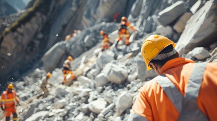 Clearing Mountain Pass Rockfall - Emergency Responders Working Together in Bright Daylight, Copy Space Below