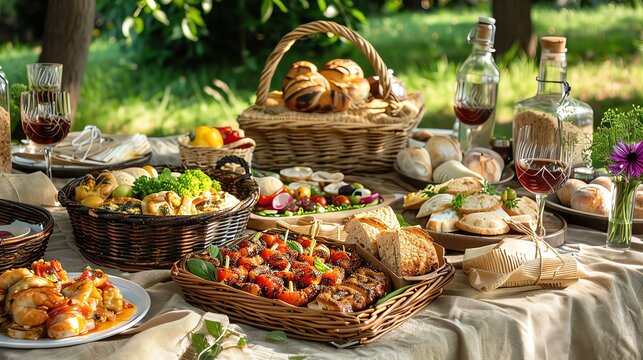 Rustic outdoor picnic with assorted fresh food and wine on a wooden table under a tree, perfect for a cozy gathering in nature.