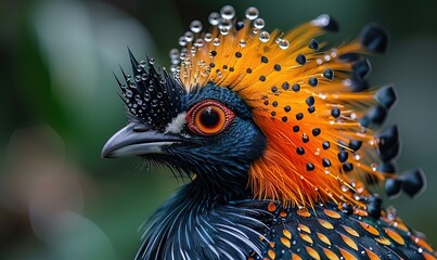 Exotic Bird with Water Droplets and Orange Crests