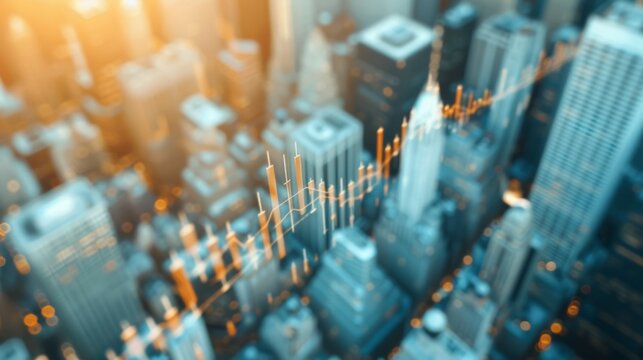 Financial Growth in Urban Landscape - Aerial View of Security Chart with Conceptual Icons and Text Space, Bright and Sunny Day - Powered by Adobe