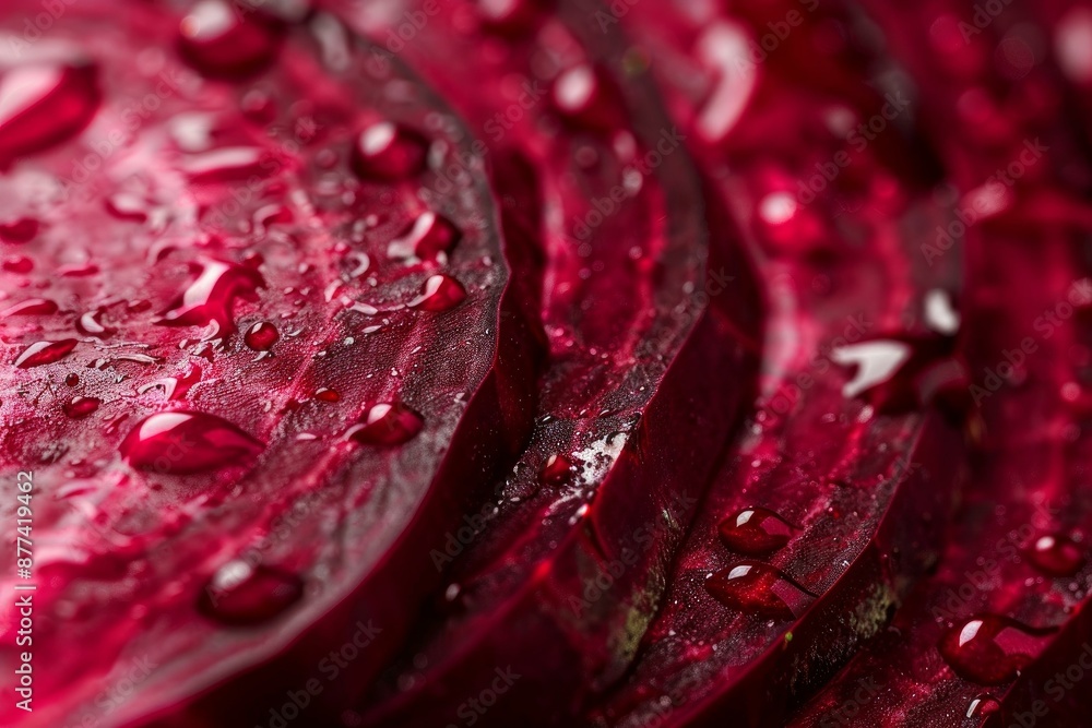 Poster macro photo of sliced beetroot showing water droplets and vivid red color