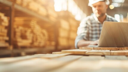 Craftsmanship in the Digital Age: Craftsman Analyzing Timber Data Visualization in a Professional Workshop Setting with Bright Atmosphere, Laptop, and Wooden Planks