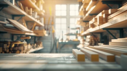 Modern Craftsman's Workshop with Data Visualization Charts Overlay, Timber, and Tools - Bright Environment with Text Space