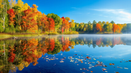 In the heart of the park, autumn weaves its magic, transforming the landscape into a vivid tapestry of reds, oranges, and golds. Sunlight dances through the canopy of trees, casting a warm glow.