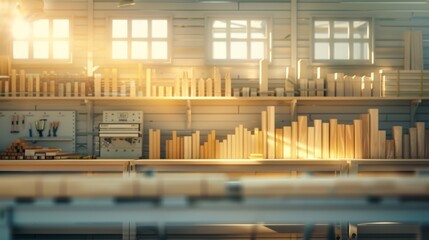 Modern Craftsman's Workshop with Data Visualization Charts, Timber, and Tools in Bright Environment