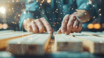 Crafting Data: Timber with Visualization Overlay, Craftsman's Hands at Work with Bright Lighting, Space for Text on Right