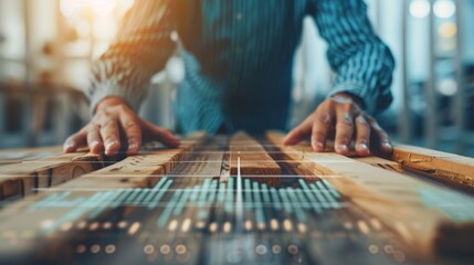 Digital Data Visualization Overlay on Timber with Craftsman's Hands in Background