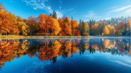 autumn paints a breathtaking scene of nature's transformation. Golden sunlight filters through the canopy, casting a warm glow on the vibrant foliage below. Trees adorned in shades of crimson, angold.