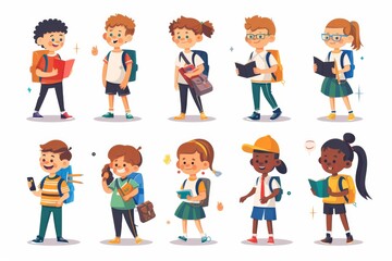 School students vector characters. Back to school classmates elementary student characters in education activities like presenting and playing. 