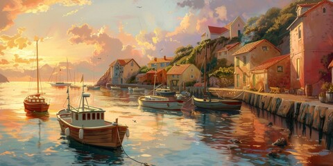 idyllic coastal village sunset fishing boats scenic coastal landscape vivid colors
