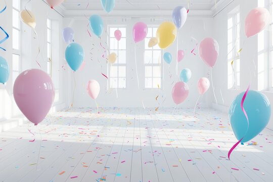 Streamers and balloons fill an empty room as a group of friends celebrate a relaxing lazy day. The atmosphere is joyful and carefree.