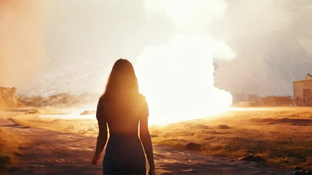 Woman Watches Explosion in Post-Apocalyptic World Generative AI