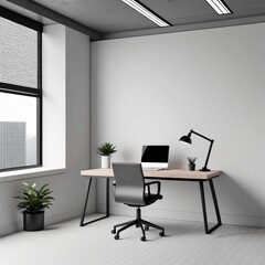 A minimalistic office with clean lines, ergonomic furniture, and Labor Day decor.