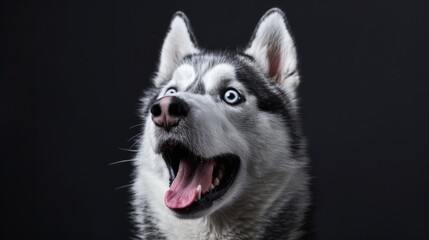 Fototapeta premium Surprised Dog. Portrait of Amazement Siberian Husky on Isolated Black Background, Front View