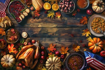 Vector art of autumn season including 'THANKSGIVING DAY' text, American flags, festive food, and colorful leaves, view from above 