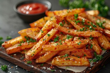 A luxurious serving of truffle fries, topped with Parmesan cheese and fresh parsley. 
