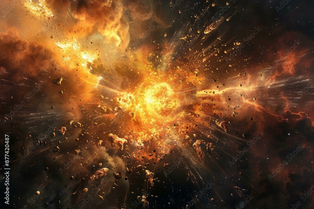 Poster giant explosion with a burning asteroids belt is sending debris in the universe