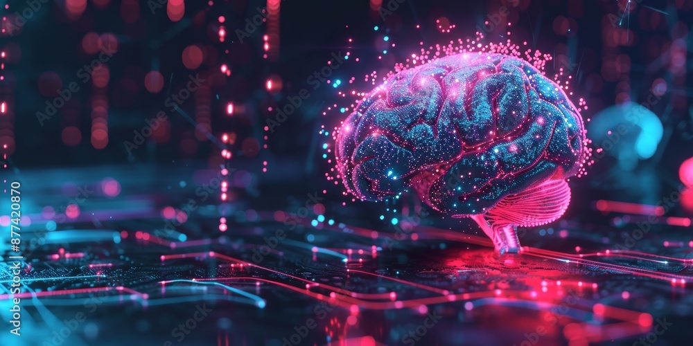 Poster glowing brain networkneon data nodes on black background