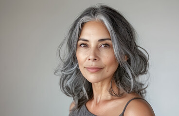 Naklejka premium Natural beauty portrait of serene and elegant mature latino woman with grey hair. Female slightly smiling. Light background studio shot. Natural female beauty and fascinating aging concept.