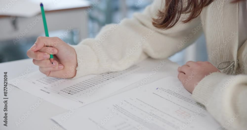 Poster girl, hands and writing with paper for exam, test or question on quiz, multiple choice or knowledge 