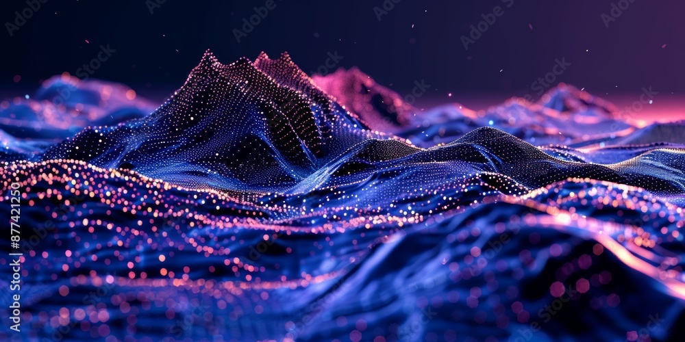 Poster interconnected data points forming abstract landscape network visualization