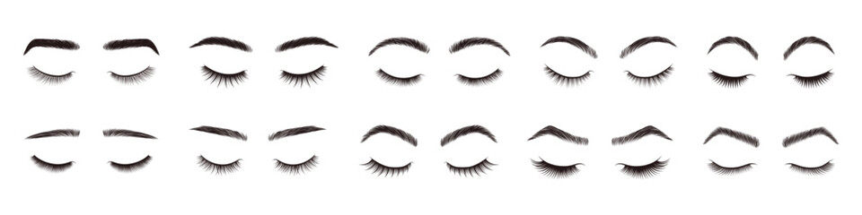 Eyebrows and eyelashes styles. Beauty eyebrow shapes and eyelash designs, natural eye makeup look. Realistic closed eyes with lashes and brow styling vector set. Fashion glamour salon elements.