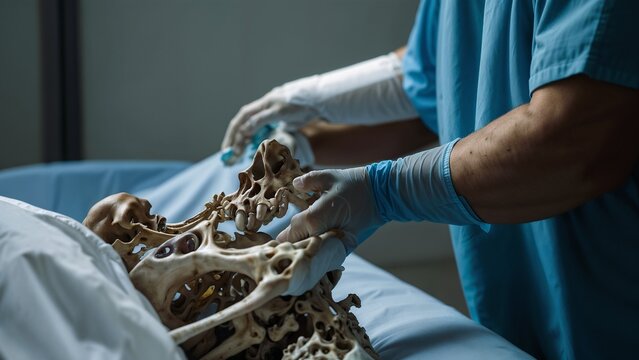 This image shows a doctor examining a human skeleton in a medical or educational setting.