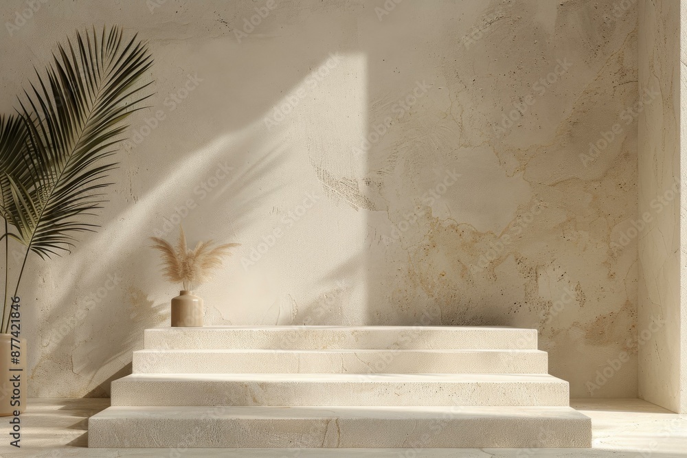 Poster minimalistic empty stone podium with sunlight casting shadows for product placement