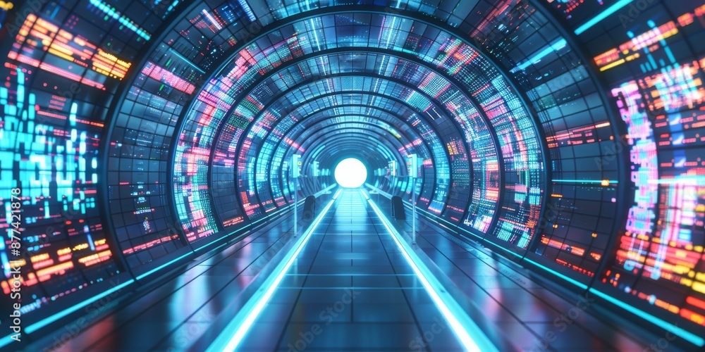 Poster futuristic data streaming through illuminated digital tunnel in 2035