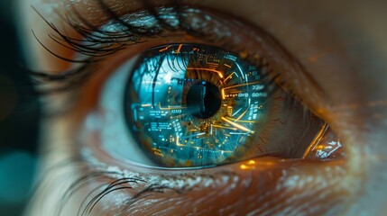 A close-up image of a human eye with a futuristic digital interface overlayed on the iris, showcasing the potential of technology to enhance human vision.