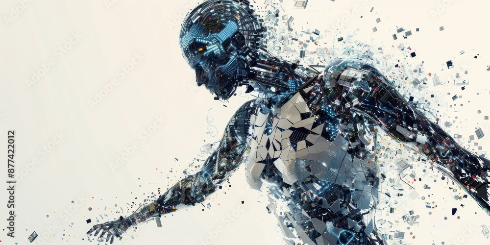 Poster constructing cybernetic beingfragmented data in futuristic science fiction style technology.