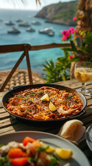 A large paella dish arranged on a wooden table against a Mediterranean landscape background