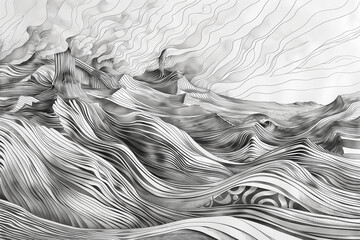 black and white pencil drawing of mountain and river landscap