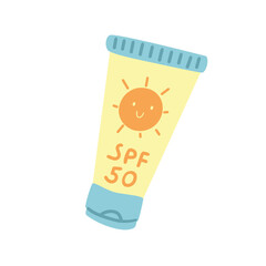 Childrens vector. Sunscreen isolated. SPF protection and sun safety.  SPF summer products lotion, cream, spray. Cartoon flat illustration.