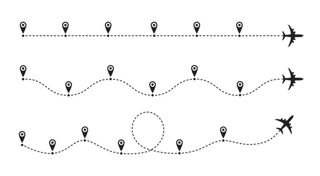 Timeline plane route. Flight paths with dashed line and airplane icons, roadmap infographic and travel path routes with location pin markers vector set. Journey trace business infographics chart.