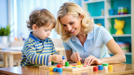 Fototapeta premium Nanny plays educational games with the child. Kindergarten teacher and kid playing with wooden building blocks.