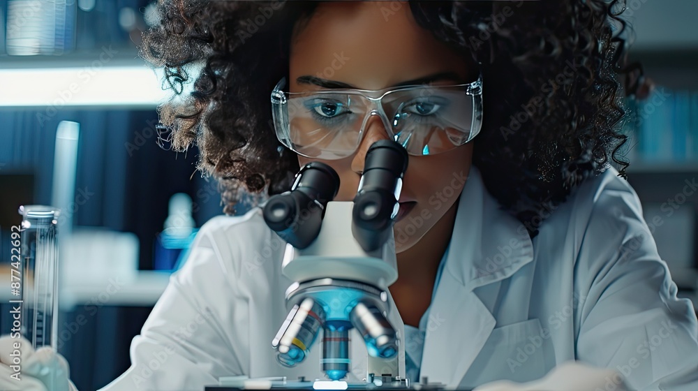 Poster focused scientist examining a sample under a microscope