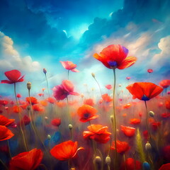 Obraz premium Watercolor red poppy flowers background .Beautiful red poppies landscape on blue sky art. Nature background with poppies .