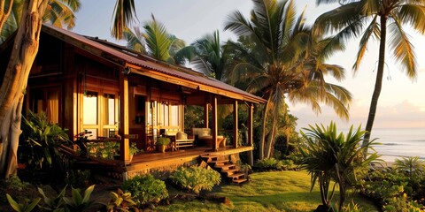 Fototapeta premium beachside bungalowocean views, sunset, nature beautyawaii calm serene landscape peaceful outdoors retreat vacation 