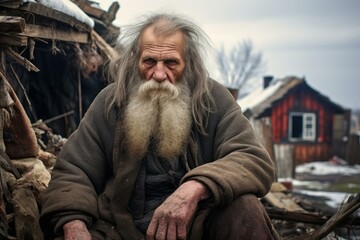 Obraz premium Portrait of an old man with a flowing beard, sitting outside a wooden shack