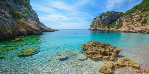 Fototapeta premium Secluded Beach ParadiseCrystal Clear Blue Water and Majestic Rocky Cliffs