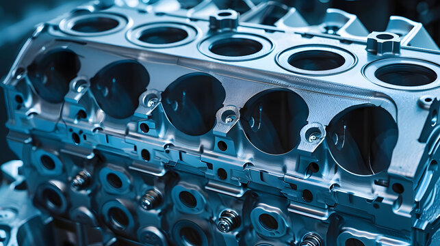 cylinder block of diesel engine repair. Close-up of the cylinder block in blue tone. Car engine cylinder heads. Industry car service concept background