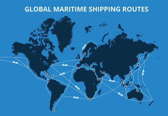 Global maritime shipping routes map. International sea routes for cargo shipping, major ports and trading hubs on world map with cargo ship icons and dashed line paths vector illustration.