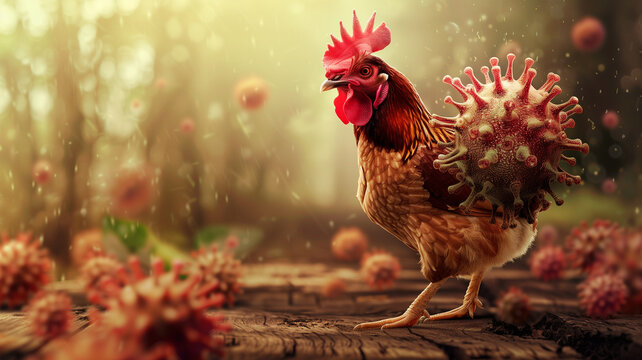 Bird flu virus outbreak, Avian influenza, infectious disease spreading to mammals and humans, sick chicken