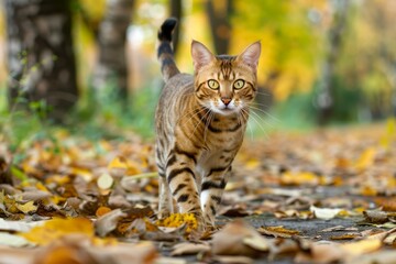 Fototapeta premium Bengal cat walking on a path covered with dry leaves in a forest during a sunny autumn day