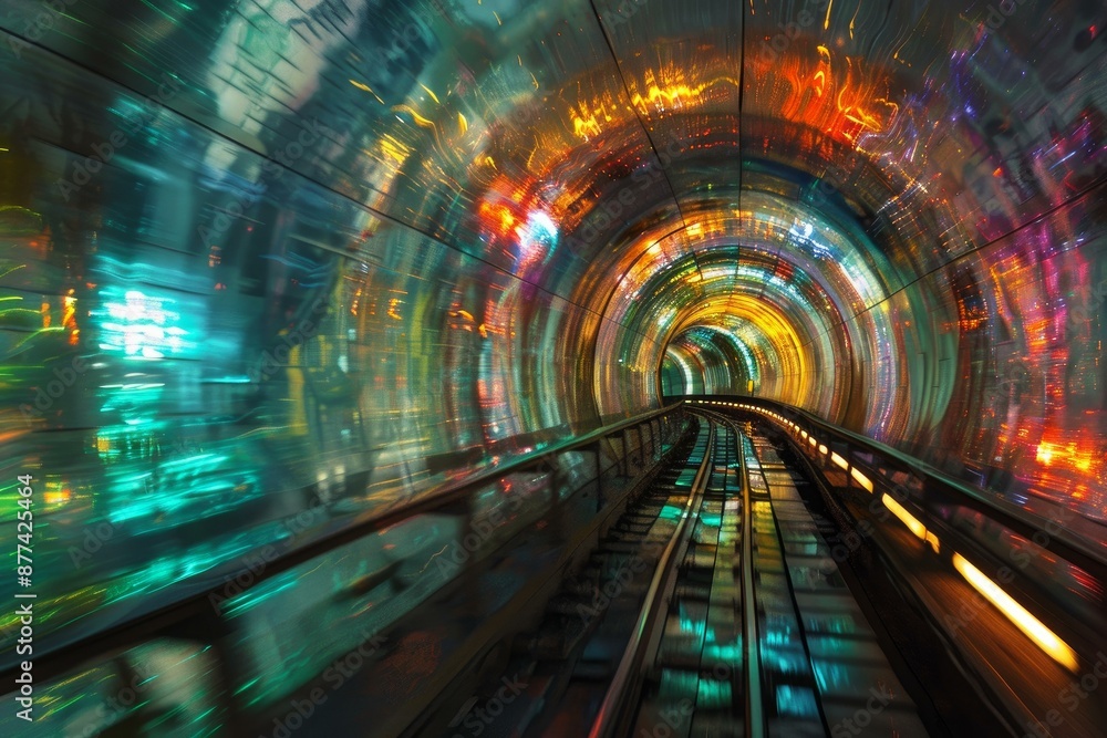 Poster colorful abstract image of a train speeding through a futuristic tunnel with light trails