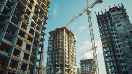 Fototapeta premium construction of multi-storey buildings equipped with heavy equipment, heavy cranes, etc, 8k resolution