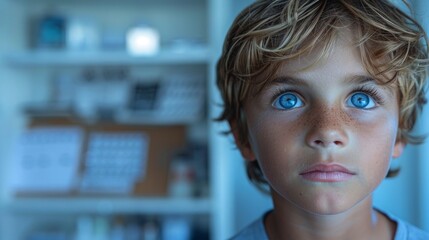 A close-up portrait of a young boy with bright blue eyes looking up with a bookshelf in the background.