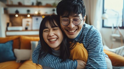 Happy couple embracing and laughing in a cozy living room setting, showcasing love and joy.